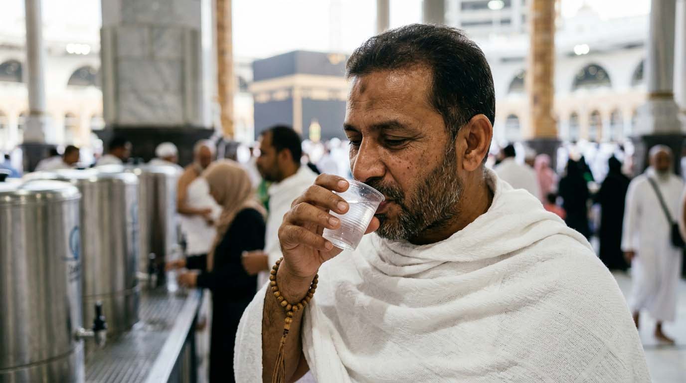 drinking zamzam water after tawaf during umrah pilgrimage