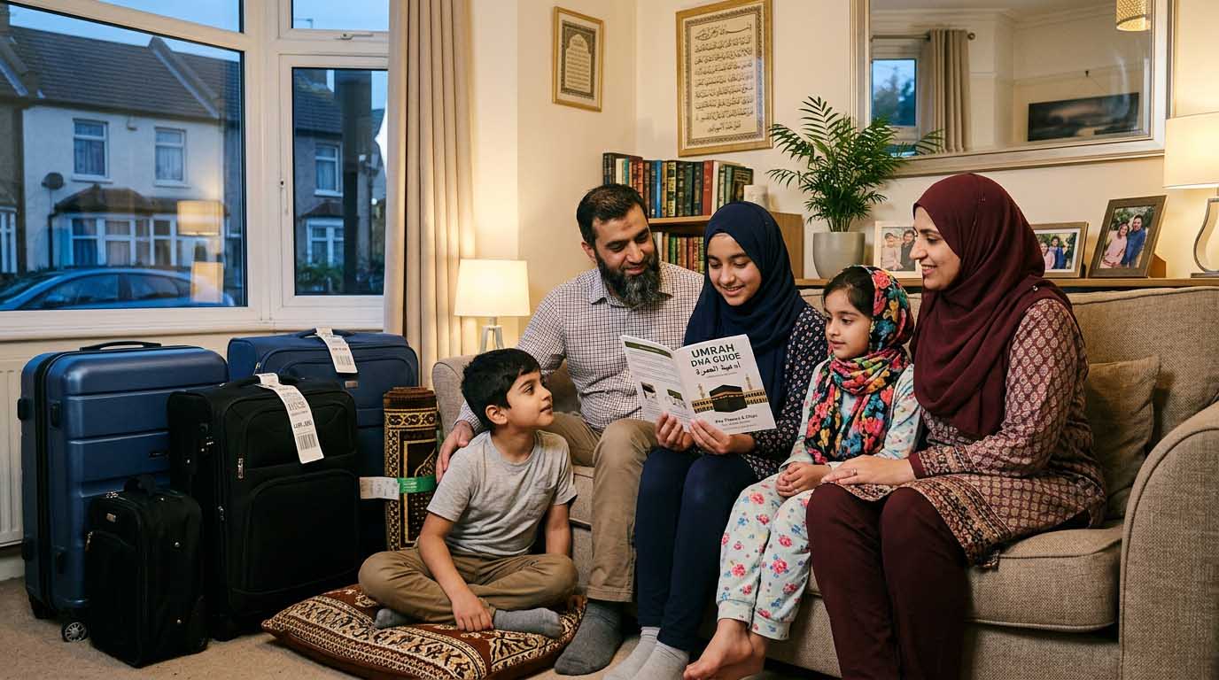 uk muslim family reading umrah dua list together before departure