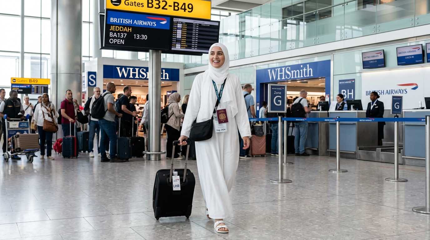 uk pilgrim wearing ihram at airport before umrah flight