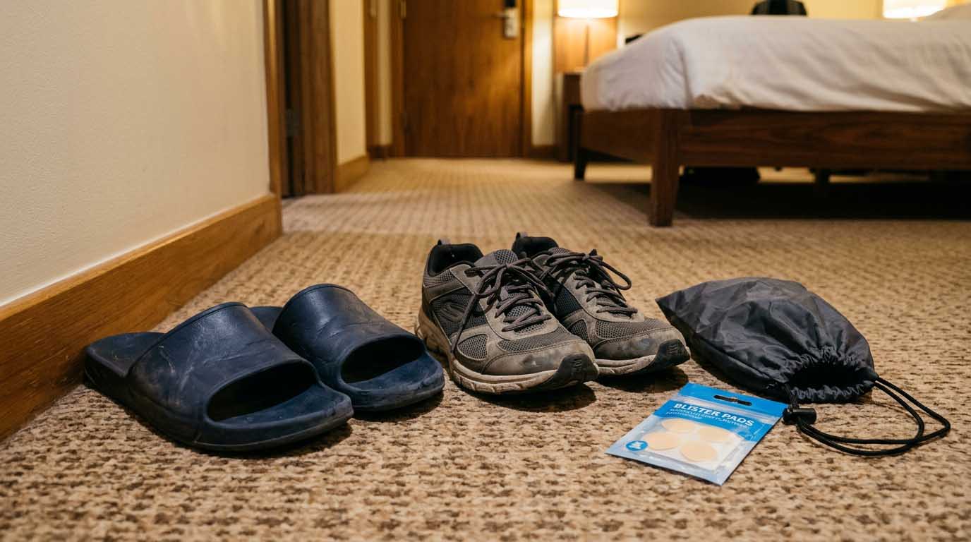 Best shoes for Umrah shown as broken-in slip-on sandals and walking trainers with blister pads