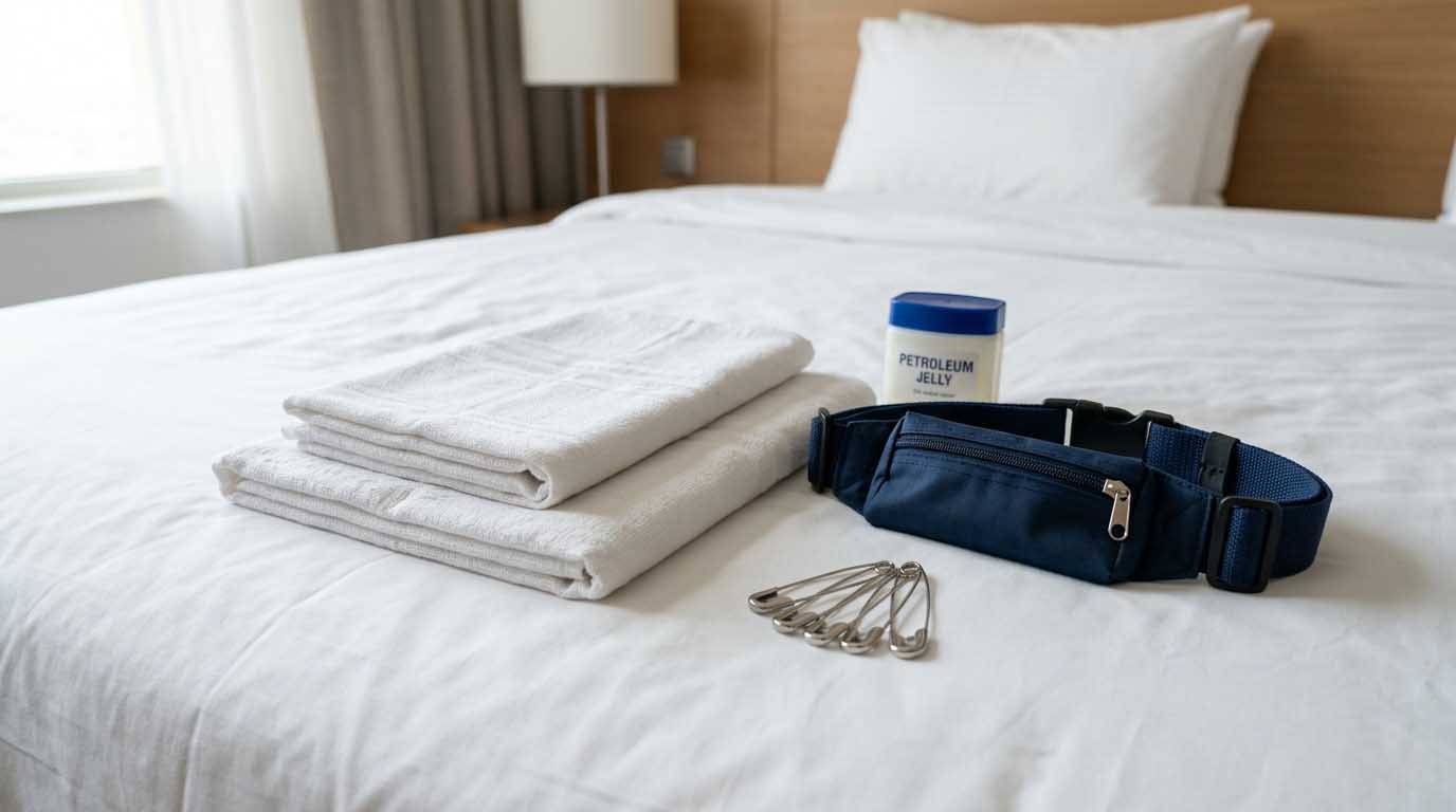 Ihram packing list for men showing white cloths, Ihram belt, safety pins and ankle-free sandals