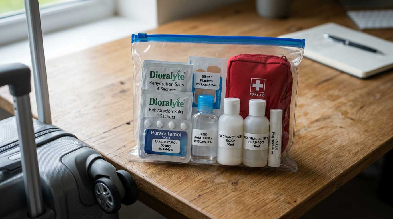 Umrah medicine list and unscented toiletries kit packed in a clear zip pouch for carry-on