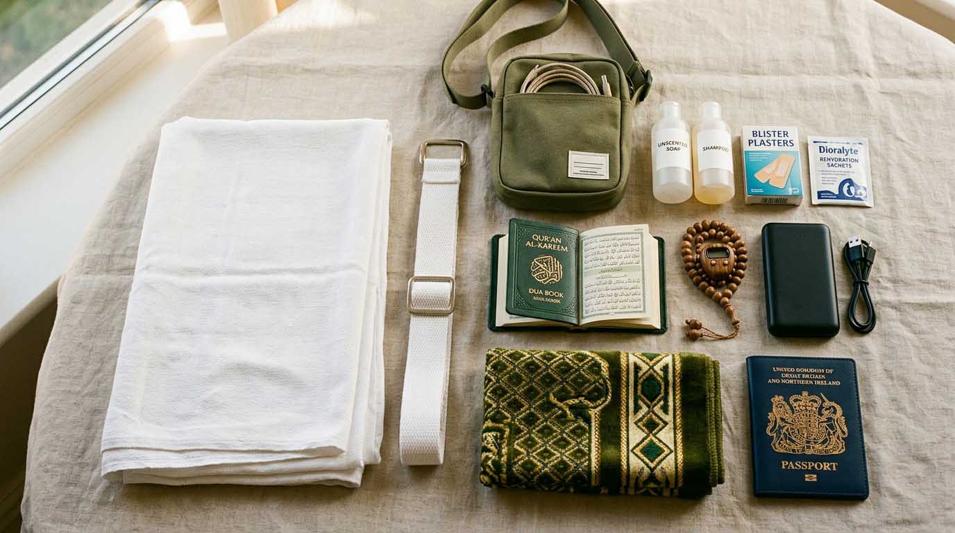 Umrah packing list for ladies with abaya, hijabs, non-slip socks and flat sandals laid out