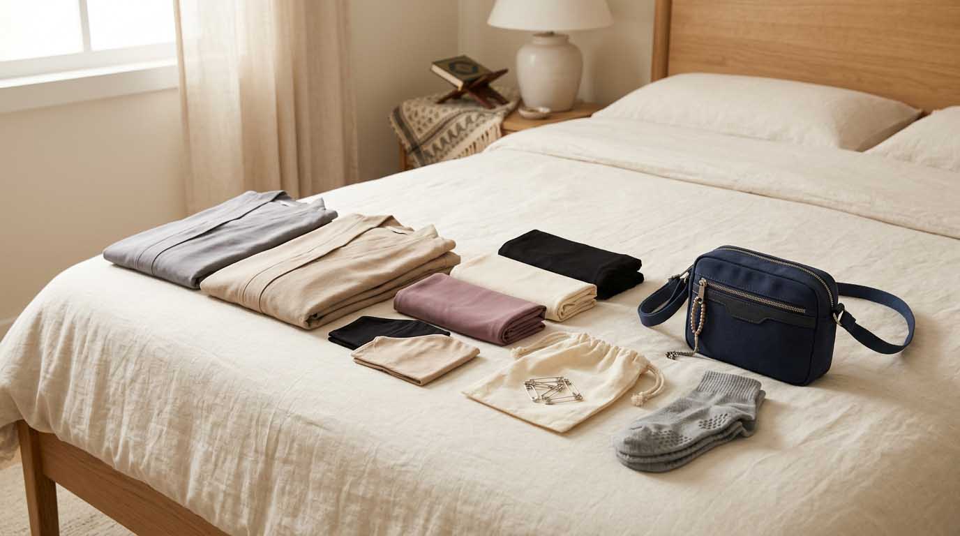 Umrah packing list essentials flat lay with Ihram, travel prayer mat, unscented toiletries, power bank and passport