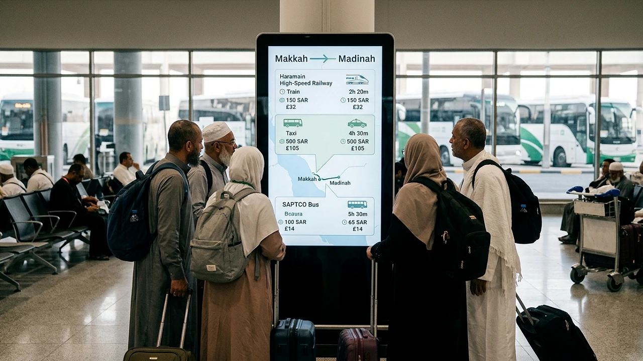 Makkah to Madinah Transport Comparison Train Taxi Bus Infographic